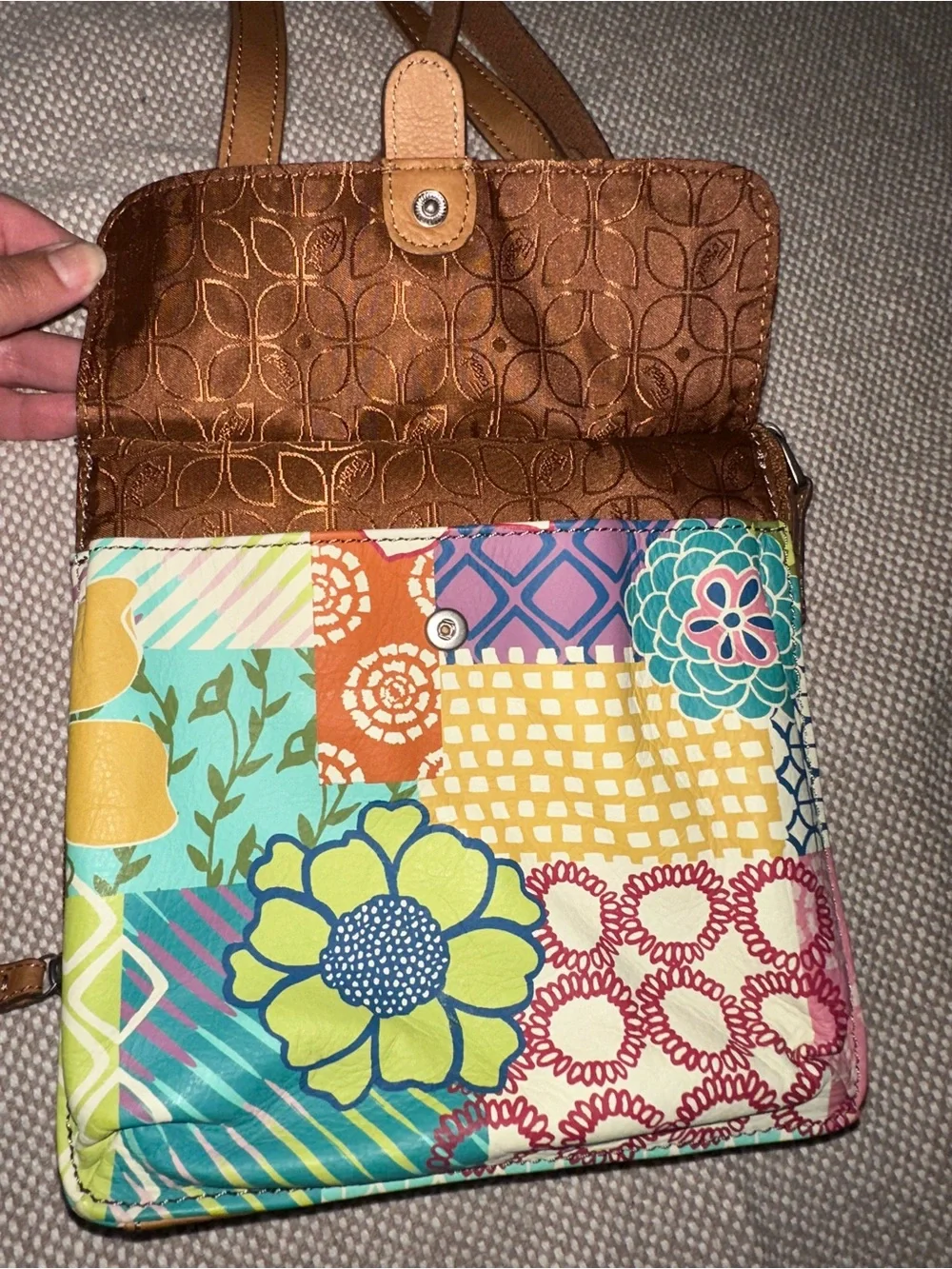 Fossil Patchwork Floral Crossbody in Multicolor with Brown Trim